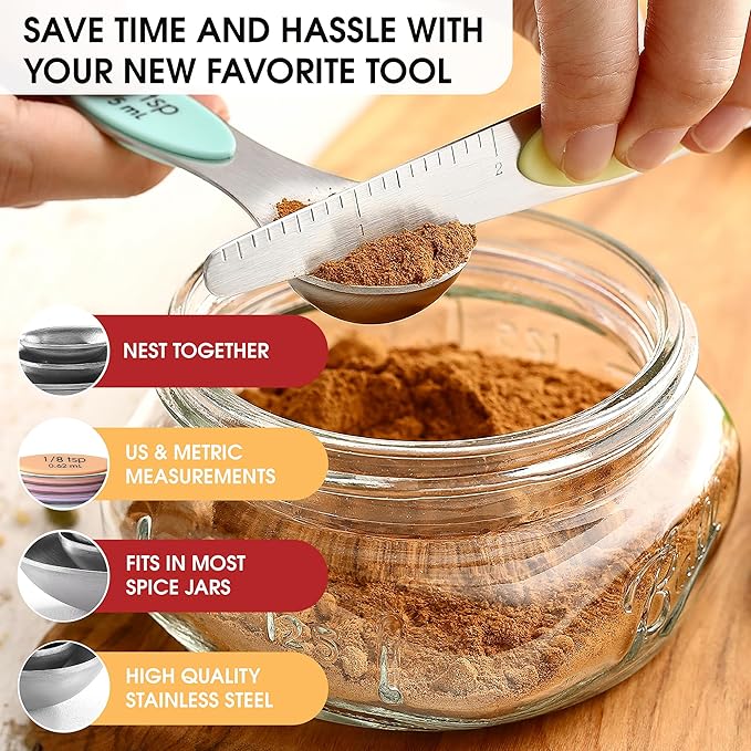 Spring Chef Stainless Steel Magnetic Measuring Spoons Set of 8 with Leveler, Metal Teaspoon & Tablespoon Measuring Spoons for Dry and Liquid Ingredients, Kitchen Gadgets for Baking & Cooking - Pastel