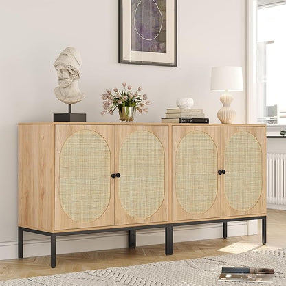 Yechen Set of 2 63" Sideboard Cabinet with Natural Rattan Hand-Woven Doors, Rattan Cabinet, Accent Buffet Storage Console Cane Credenza, for Living Room Entryway, Metal Legs/Natural