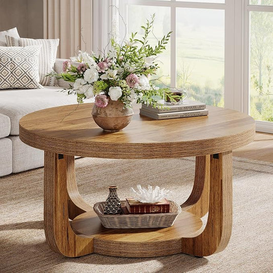 Tribesigns Round Coffee Table, 2-Tier Circle Coffee Table with Storage, Modern Wooden Accent Center Table for Living Room, Thick Tabletop & Base (Rustic Brown)