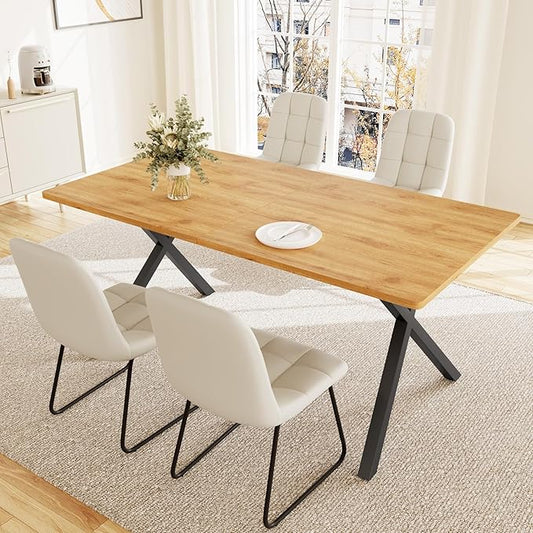 HIPIHOM 5-Piece Dining Table Set for 4-6 People, 63" MDF Kitchen Table with 4 Upholstered Chairs, Metal Legs for Dining Room, Kitchen(Oak Table+4 U-Shaped White Chairs)