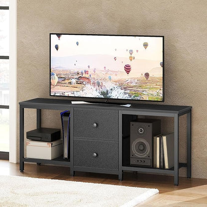 YATINEY TV Stand for TVs up to 55", Entertainment Center with 2 Fabric Drawer, Media Console with Shelves, Television Stands for Living Room, Bedroom, Black DS02BB