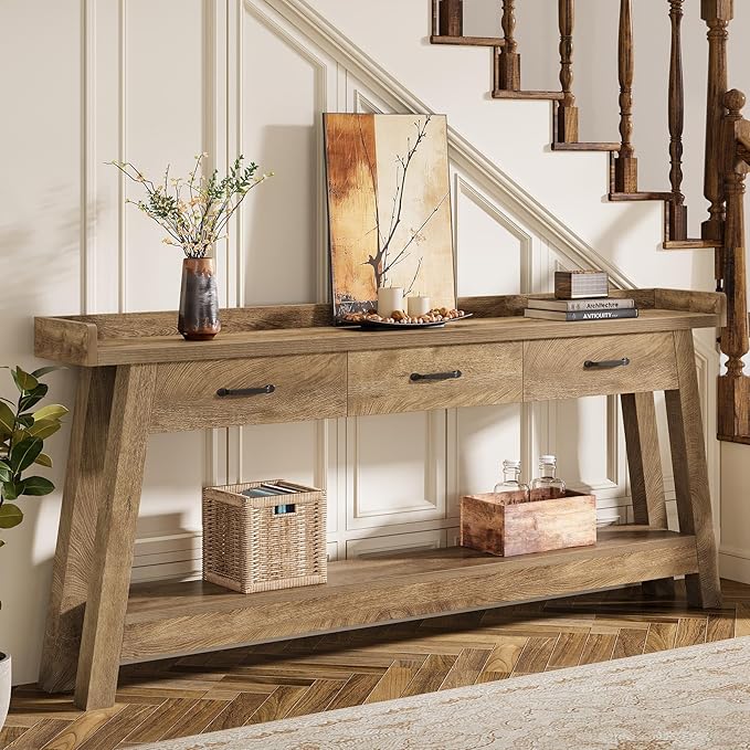 Tribesigns 70.9-Inch Sofa Table with 3 Drawers, 2-Tier Extra Long Farmhouse Console Table with Raised Baffle and Storage Shelves for Living Room, Hallway, Entryway, Entrance, Rustic Brown