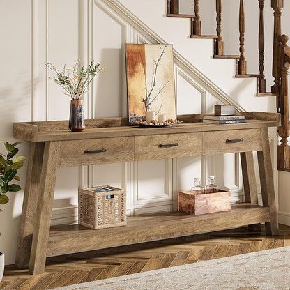 Tribesigns 70.9-Inch Sofa Table with 3 Drawers, 2-Tier Extra Long Farmhouse Console Table with Raised Baffle and Storage Shelves for Living Room, Hallway, Entryway, Entrance, Rustic Brown