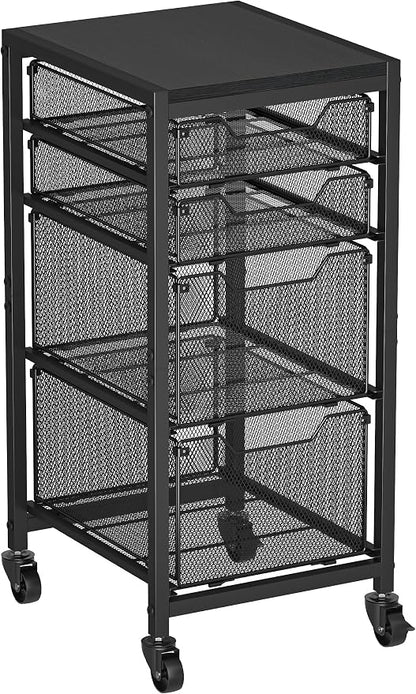 Slim Rolling Storage Cart with Drawers, Under Desk Storage with Wooden Tabletop & Lockable Wheels, 4-Tier Storage Drawers for Bathroom, Craft, Office, Black