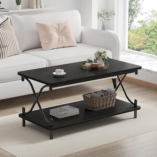 VECELO Coffee Table for Living Room with Round Corners Modern Farmhouse Center Table with Storage Shelf for Home Office 39 Inch, Easy Assembly, Glossy Black