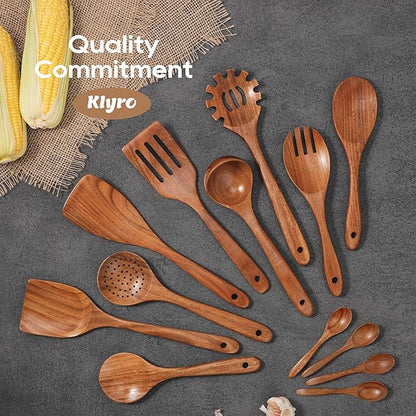 KLYRO 13 Pcs Wooden Cooking Utensil Set with Gift Box – Natural Wooden Spoons for Cooking & Serving, Nonstick Friendly, Perfect Housewarming & Holiday Gift