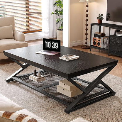 EnHomee Black Coffee Table with Storage, Modern Coffee Tables with Mesh Shelf, 2 Tier Minimalist Industrial Center Table for Living Room, Office, 47.2 Inch, Black Oak