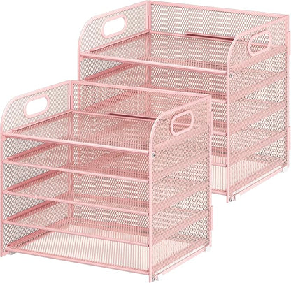 Cawukege 2 Pack 5 Tier Paper Organizer, Letter Tray with Handle, Mesh Desk Organizer, Metal File Organizer, Office Desk Accessories for Home, Office, Classroom, School -Pink