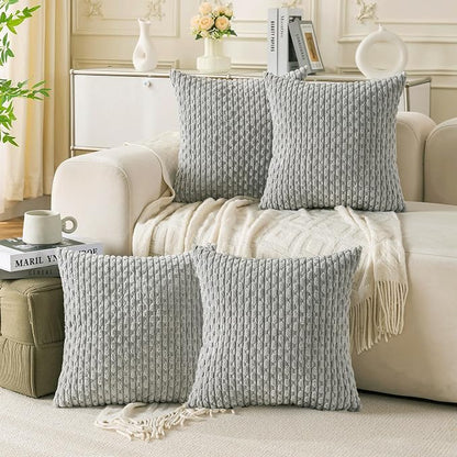 Set of 4 Grey Decorative Throw Pillow Covers 24x24 Inch Corduroy Pillow Covers for Bed Couch Sofa Living Room Soft Square Cushion Cases