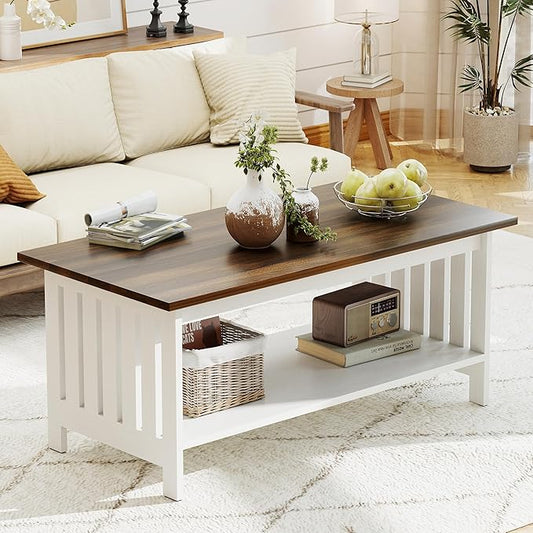 YOSHOOT 39.4" Farmhouse Coffee Table, Small Coffee Tables for Living Room | White, 2 Tier Coffee Table with Storage, Tea Table for Living Room Bedroom Small Space