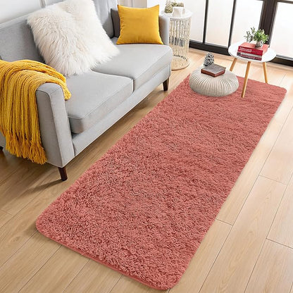OLANLY 2x5 Machine Washable Runner Rugs for Hallway, Soft Fluffy Shaggy Bedside Rugs for Bedroom, Living Room, Indoor Floor Carpet for Kids Girls and Boys, Home Decor Aesthetic, Rust Red