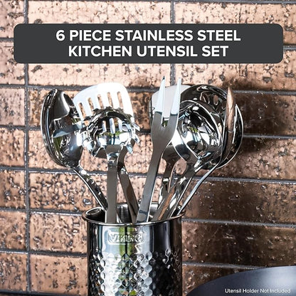 Viking Kitchen Utensils Set, 6 Piece Stainless Steel Cooking Utensil Set, Includes Spatulas, Spoons, Pasta Fork, and Deep Ladle, Hollow Forged, Silver