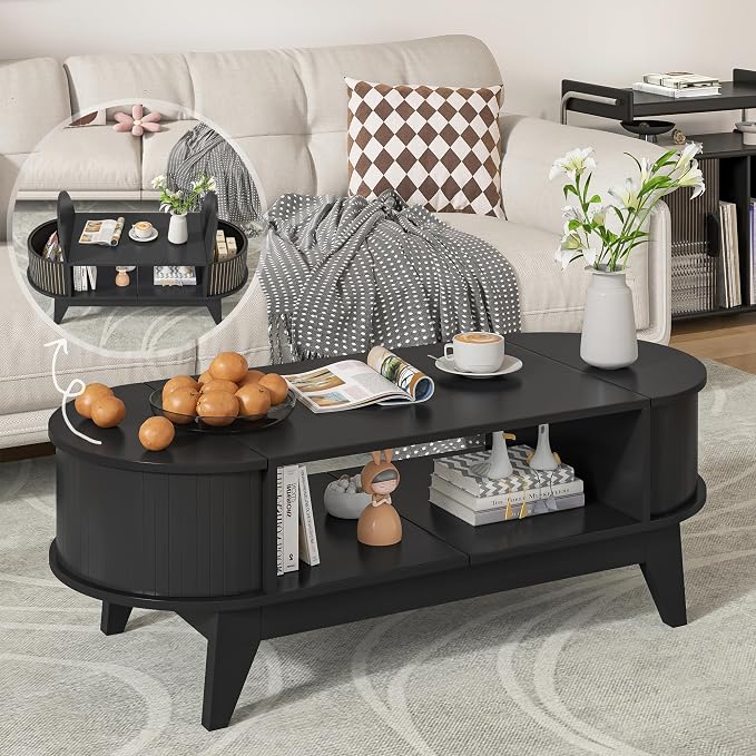Coffee Table with 2 Hidden Storage,Mid Century Modern Coffee Table with Fluted Finish,Wood Center Tables Oval Coffee Tables with Flip-Top Lids for Living Room Home Office (Black)