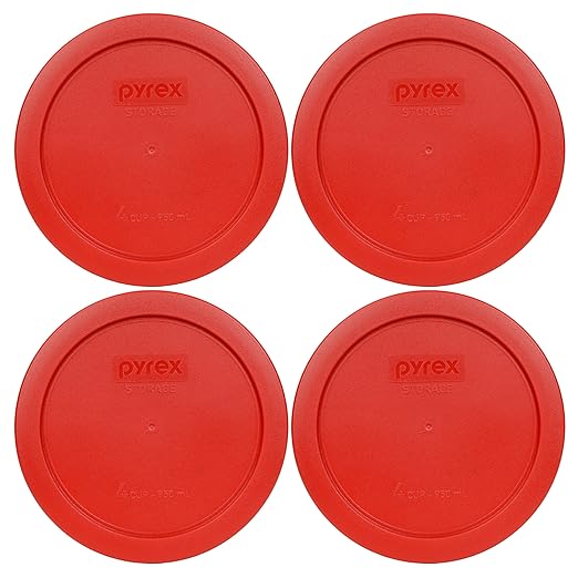 Pyrex 7201-PC 4-Cup Poppy Red Food Storage Replacement Lid (4-Pack) - Made in USA