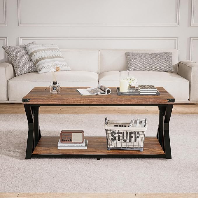 Rectangular Coffee Table, 43" Industrial Living Room Center Tables with Storage Shelf, Heavy-Duty Farmhouse Cocktail Tea Table with Angle Iron Tabletop&Metal Frame, Rustic Brown