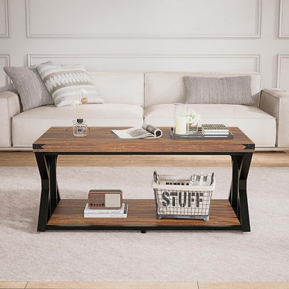 Rectangular Coffee Table, 43" Industrial Living Room Center Tables with Storage Shelf, Heavy-Duty Farmhouse Cocktail Tea Table with Angle Iron Tabletop&Metal Frame, Rustic Brown