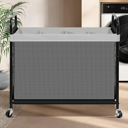 STO STO Laundry Hamper 4 Section, 140L Rolling Laundry Sorter Cart with Removable and Washable Liner Bag, Clothes Hamper with Wheels and Metal Handle for Laundry Room and Bedroom, Gray