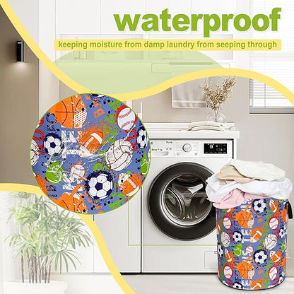 Balls Laundry Basket Funny Ball Sports Foldable Waterproof Oxford Cloth Tote Bag Laundry Hamper Round Large Clothes Storage Bucket Toy Organizer For Bathroom/Laundry Storage/Bedroom 18.9x16.5 Inch