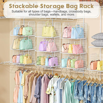 Sonyabecca Purse Storage Organizer for Closet : Adjustable 3-Pack Dividers Handbag Organizer - Stackable Wire Handbags Storage Baskets -Open Cabinets Wallets Tote Chain Bags Clutches -White