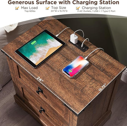 T4TREAM 24" Farmhouse Nightstand with Charging Station, Large End Table with 2 Storage Drawers, Rustic Wood Sofa Bedside Table for Bedroom, Reclaimed Barnwood Color