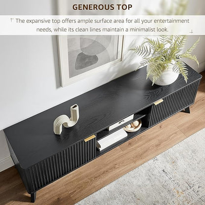 OKD 70" Mid Century Modern Fluted TV Stand, Entertainment Center, Sideboard, Media Console for Living Room with 2 Soft Close Door/Adjustable Shelves (Black Oak)