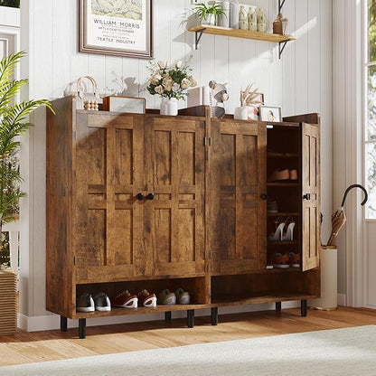 Farmhouse Shoe Cabinet with Doors, 6-Tier Wooden Shoe Organizer with Adjustable Shelves, Entryway Storage Cabinet, Rustic Shoe Storage for Entryway or Living Room (Rustic Brwon)