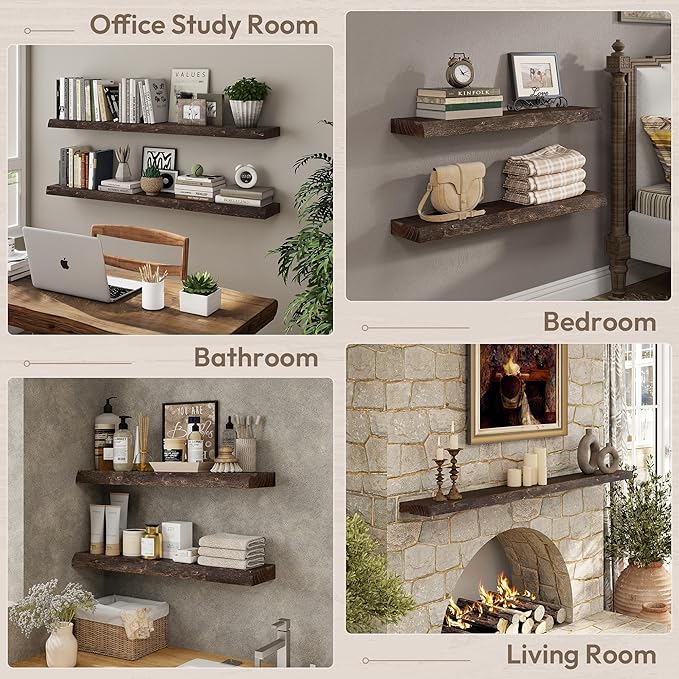 Marsmiles 40 inch Floating Shelves for Wall Elm Wood Live Edge Shelves Wall Mounted|Rustic Long Floating Shelves with Invisible Bracket for Bathroom Living Room Kitchen|Walnut, 1 Pack