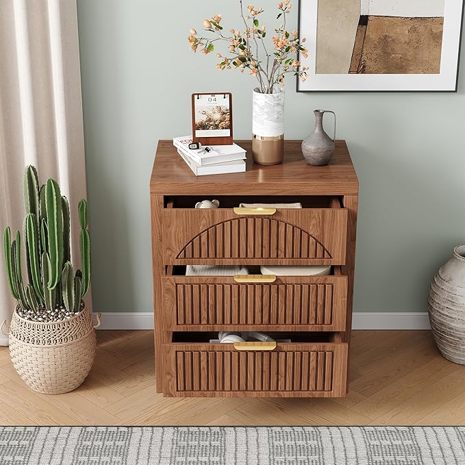 3 Drawer Dresser, Farmhouse Fluted Chest of Drawers, Wooden End Table, Mid- Century Modern Bedroom Nightstand Side Table for Bedrooms, Closets, Hallways, and Entryways, Walnut