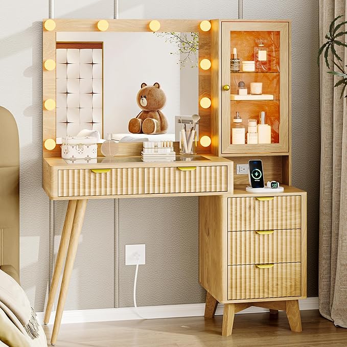 Vanity Desk with Mirror and Lights, 45" Fluted Makeup Vanity Desk with Lights &5 Drawers, Glass Top Vanitys with Lighted Mirror and RGB Cabinet, Dressing Table with Power Outlet for Bedroom, Oak