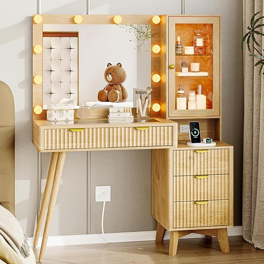 Vanity Desk with Mirror and Lights, 45" Fluted Makeup Vanity Desk with Lights &5 Drawers, Glass Top Vanitys with Lighted Mirror and RGB Cabinet, Dressing Table with Power Outlet for Bedroom, Oak