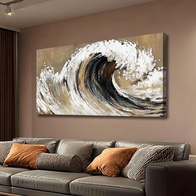 Belmrxne Large Coastal Wall Art Gold and Black Wall Decor Ocean Canvas Painting Textured Wall Painting Aesthetic Artwork for Living Room Bedroom 29x58 Inches