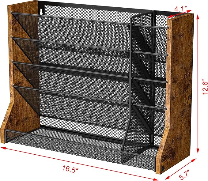 Jakyitvi Wall Desk File Organizer 5 Tiers, Ironwood Hanging File Organizer with R-shaped Tray, Wall File Holder for Office Home, 4 Pull-Out Divider and Pen Slots to Sort File,Mail,Newspaper,Pen, Brown