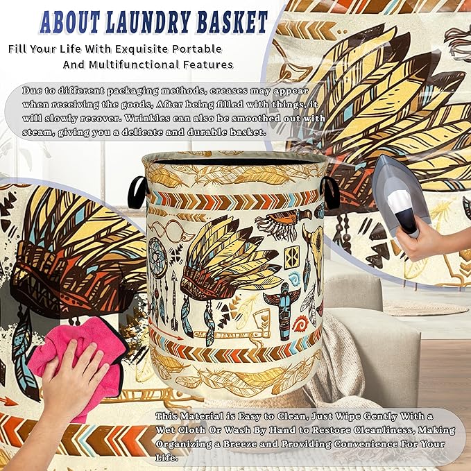 Feather Printed Laundry Basket Oxford Cloth Foldable Boho Laundry Hamper With Handle Portable Clothes Storage Organizer Basket 18.9x16.5Inch Laundry Bag For Laundry Room/Bedroom/Bathroom/Dormitories