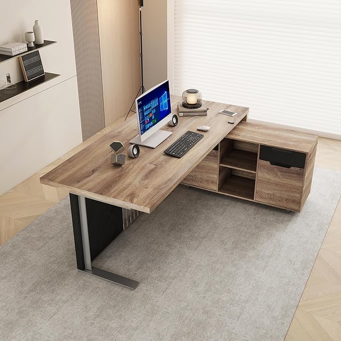 SAINTCY 70.87Inch L Shaped Executive Desk with Drawers, Modern Computer Writing Desk with File Cabinet, Business Furniture W/Stand Under Storage Organizer with Wheels,1.97IN Thick Desktop