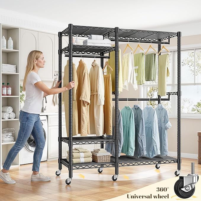 Raybee Portable Closet 780LBS, Heavy Duty Clothes Rack, Rolling Freestanding Clothing Rack with 3 Hanging Rods & 6 Shelves, Adjustable Wardrobe Closet Organizer System