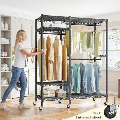 Raybee Portable Closet 780LBS, Heavy Duty Clothes Rack, Rolling Freestanding Clothing Rack with 3 Hanging Rods & 6 Shelves, Adjustable Wardrobe Closet Organizer System