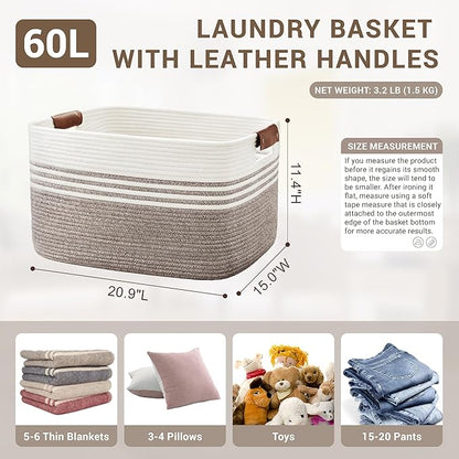 SunNewt 60L Large Laundry Basket with Leather Handles for Living Room Storage, Woven Rope Baskets Bin for Blanket, Kids Toy, Gifts, Wicker Hamper for Bedroom Dirty Clothes, 21"x15"x11" Dark Brown