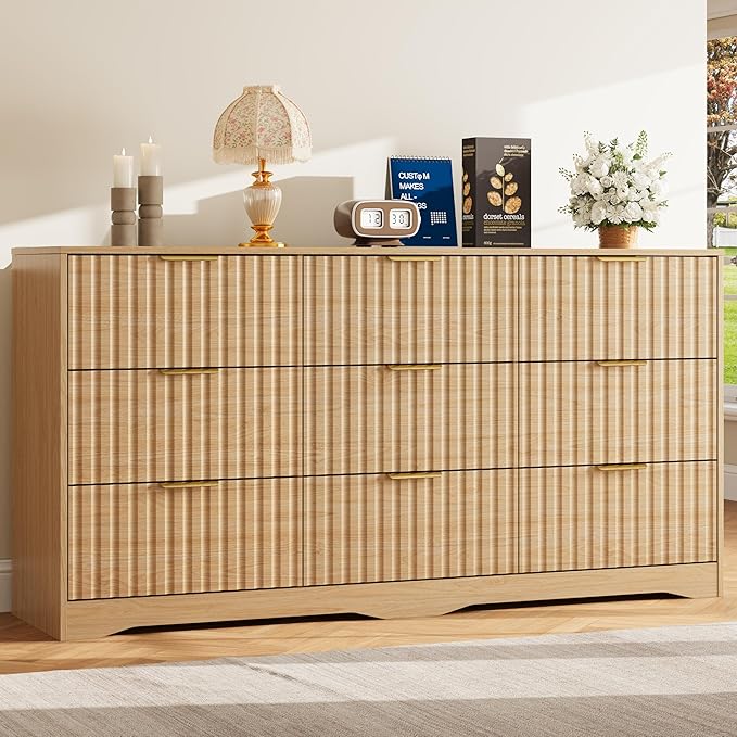 Fluted 9 Drawers Dresser for Bedroom, 63" Wide Wood Dressers Chest of Drawers with Metal Handle, Long Mid Century Modern Dresser TV Stand Storage Organizer for Living Room, Natural Oak
