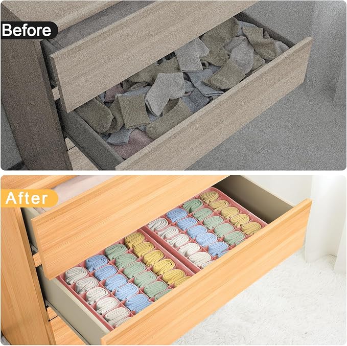 Joyoldelf 4-Pack Pink Fabric Dresser Drawer Organizers, 24-Cell Sock Drawer Divider, Non-woven Material