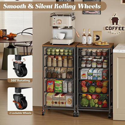 Rolling Cart with Drawers, 5-Drawer Storage Cart on Wheels with Vintage Wooden Top, Heavy Duty Metal Utility Cart, Mobile Craft Art Storage Cart for Kitchen, Bathroom, Office, Bedroom, Art Studio