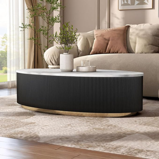 Furniture of America Beryl Modern Oval White Genuine Marble Top Coffee Table with Fluted Pedestal Base and Gold Stainless Steel Accent, Low Profile Table for Living Room, Home Office, Black