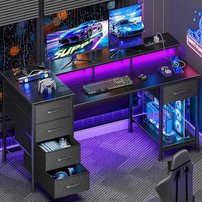 47 Inch Computer Desk with 5 Fabric Storage Drawers,Gaming Desk with Power Outlets & LED Lights,Reversible Home Office Desk with Monitor Stand for Working Writing Study, Black