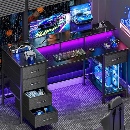47 Inch Computer Desk with 5 Fabric Storage Drawers,Gaming Desk with Power Outlets & LED Lights,Reversible Home Office Desk with Monitor Stand for Working Writing Study, Black