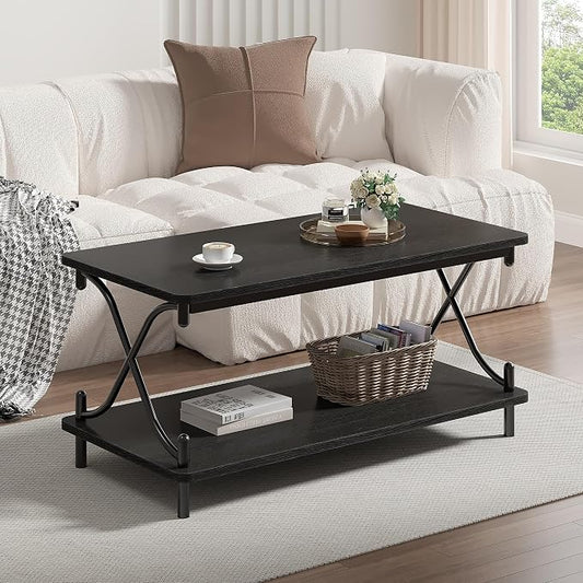 VECELO Coffee Table for Living Room with Round Corners Modern Farmhouse Center Table with Storage Shelf for Home Office 39 Inch, Easy Assembly, Classic Black