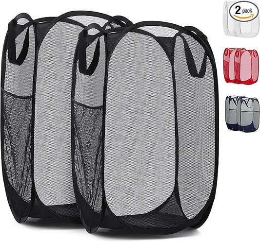 Handy Laundry Collapsible Mesh Pop Up Hamper with Wide Opening and Side Pocket - Breathable, Sturdy, Foldable, and Space-Saving Design for Clothes and Storage (Black | 2-Pack)