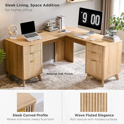 T4TREAM 60'' Fluted Executive L Shaped Desk, Modern Home Office Desk with Charging Station and File Drawer, Computer Corner Desks with Drawers & Storage Cabinet for Office Home, Bedroom, Natural Oak
