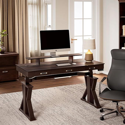 EUREKA ERGONOMIC Ark SWS Standing Desk, 63 inch Executive Desk w Drawers,Modern X-Shaped Leg Luxury Home Office Computer Desk w Monitor Stand,Colorblock Smoked Oak