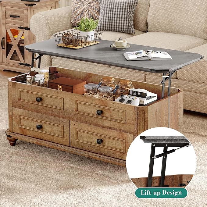 YITAHOME Lift Top Coffee Table with Storage 2 Drawers, Square Coffee Tables for Living Room, Farmhouse Coffee Table with Large Hidden Storage Compartment, Brown