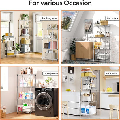 M MZG 4 Tiers Shelf Metal Storage Shelves Wire Rack Closet Organizers with Wheel for Garage Kitchen Bathroom Laundry Chrome 11.8" D x 17.7" W x 41.9" H