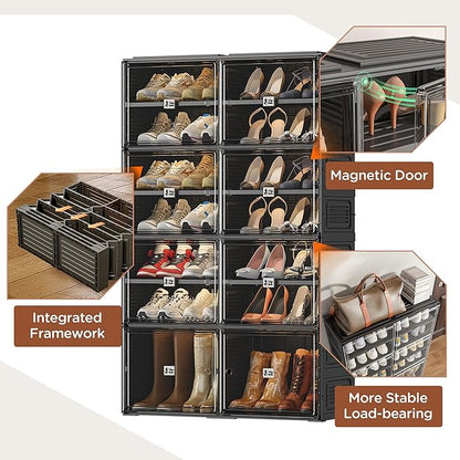 Black Shoe Rack Organizer Cabinet for Closet Entryway,Clear Shoe Storage Boxes Stackable Sneaker Storage with Door Easy Assembly Shoe Cabinet with Lids Large 7 Tiers 28 Pairs